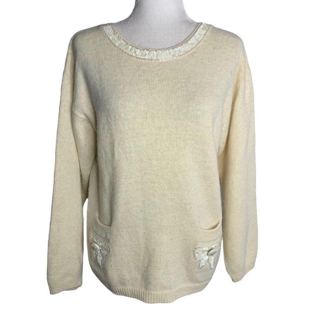 Vintage 80s Lord & Taylor Silk Angora Sweater L Cream Knit Sequins Barbie Core